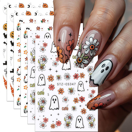 6 Sheets Ghost Nail Stickers for Nail Art, Halloween Nail Decals 3D Self-Adhesive Flower and Spooky
