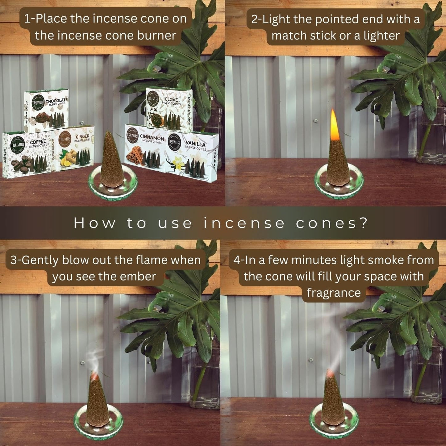 TRUMIRI Gourmet Incense Cones - Variety Pack - Total 60 Cone Incense (6 Scents x 10 Conos) - Vanilla, Cinnamon, Coffee, Chocolate, Clove, Ginger - Cone Incense Scents - Insense Cones - Incent Cone