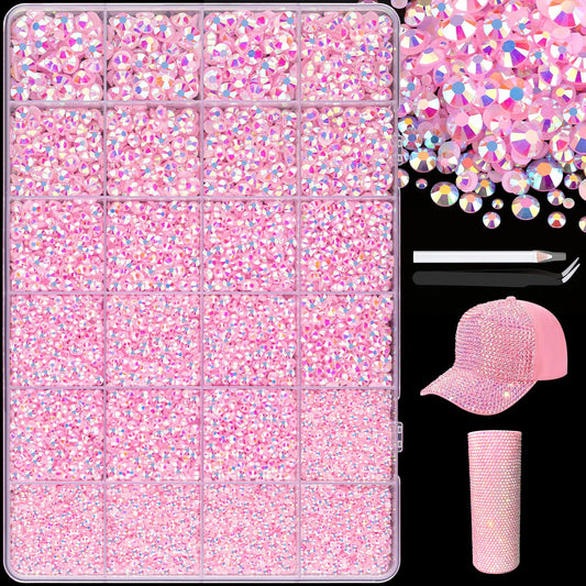 25000Pcs Resin Rhinestones with Tweezers for Crafting, 2-6mm Mixed Sizes (Light Pink AB) Non Hotfix Flatback Gems, Bedazzling Crystal for DIY Crafts Clothing Tumblers Mugs Shoes Decor Nail Art