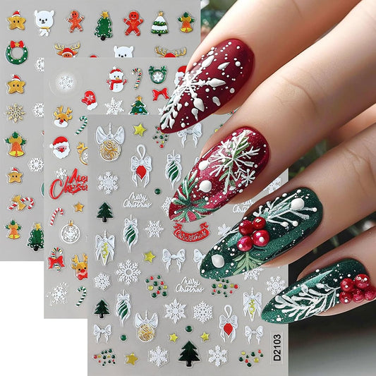 Christmas Nail Stickers 3 Sheret Christmas Nail Art Stickers DIY Self-Adhesive 3D Embossed Stickers