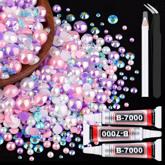 80g Flatback Pearls and Rhinestones for Crafting, Pink Purple 3-10mm Resin Rhinestones and Half