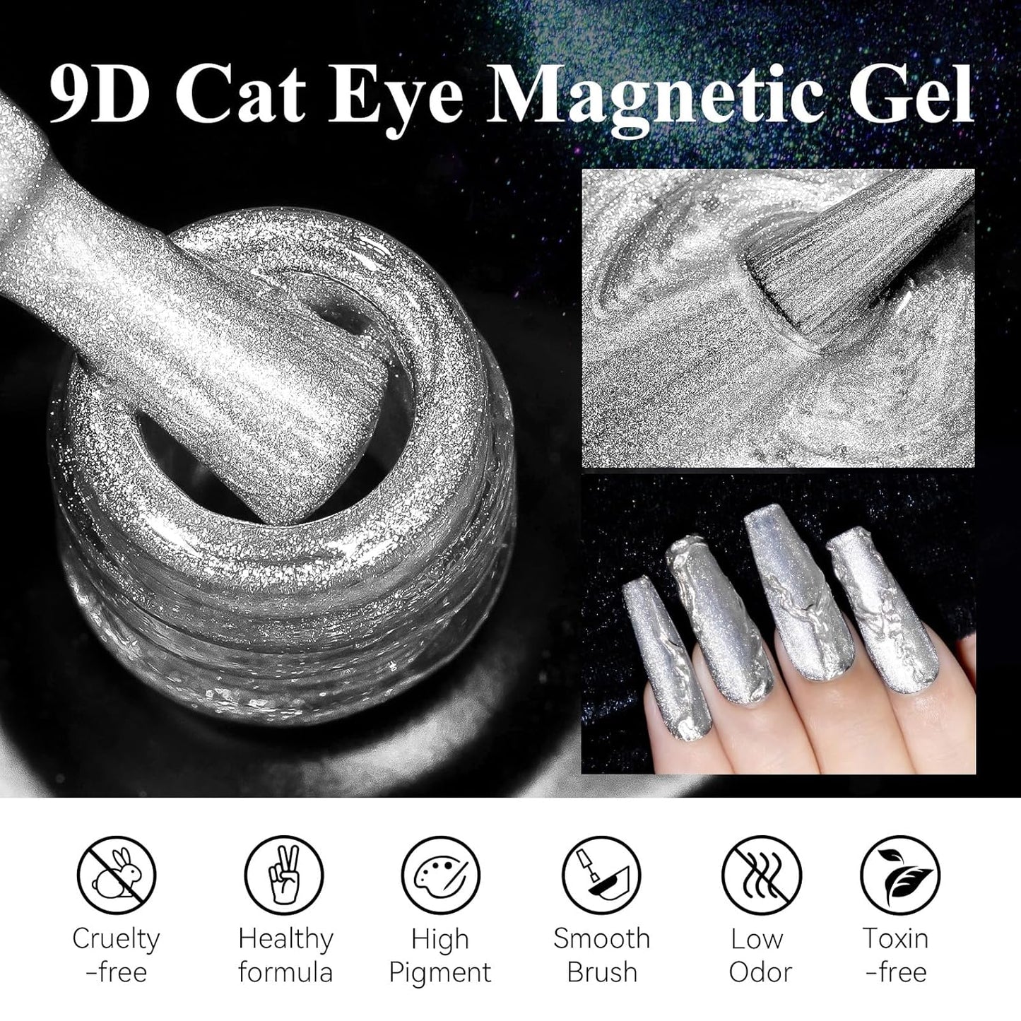 MIZHSE 9D Cat Eye Gel Nail Polish, Silver Magnetic Gel Polish with Magnet Stick, Magic Shimmer Galaxy Effect Holographic Glitter Silky Cat Eye Nail Polish Soak Off Nail Art Salon Manicure DIY at Home