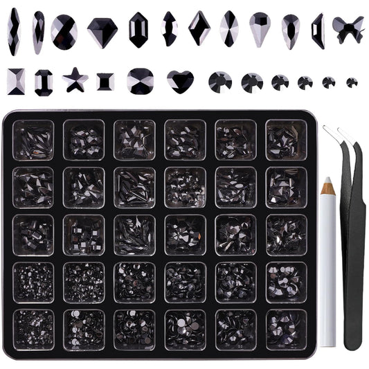 Canvalite 2900Pcs Black Rhinestones for Nails, 18 Styles Multi Shape Nail Charms and Gems Shiny Glass Crystal Flatback Nail Rhinestones Set for Nail Art with Rhinestone Picker and Tweezers