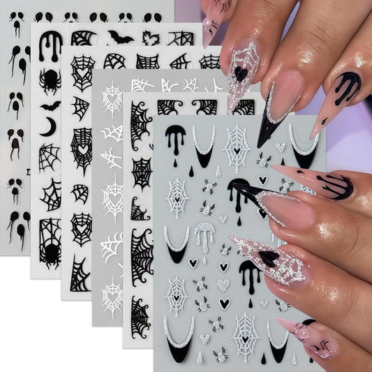 6 Sheets Halloween Spider Web Nail Stickers Spider Nail Stickers for Nail Art 3D Self-Adhesive