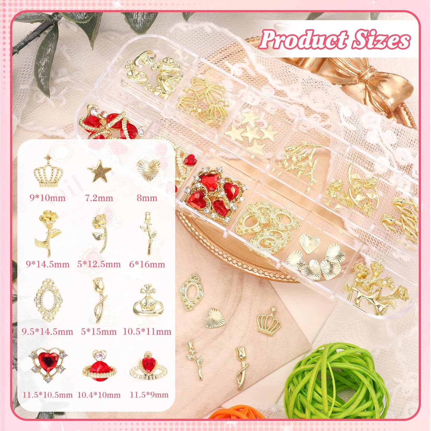 2 Boxes Metal Gold Nail Charms and Gems, 3D Alloy Crown Heart Planet Nail Gems Charms, Golden Bows Star Nail Studs, Gold Pearls Beads for Nails Art Designs DIY Accessories