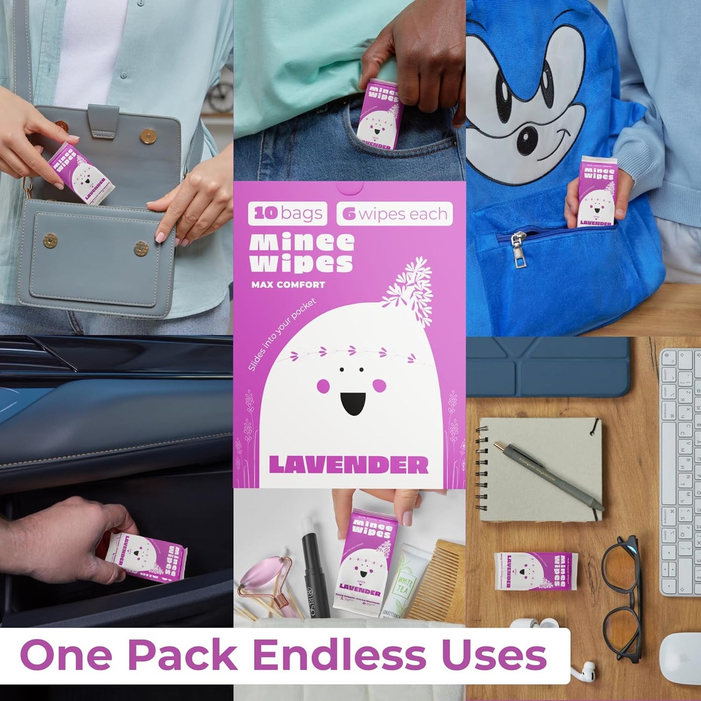 Impossibly Compact Travel Wipes with Fragrance - Skin-Friendly, Hypoallergenic & Scented Wet Wipes for Adults, Kids & Baby Care (60 Wipes Total, Lavender)