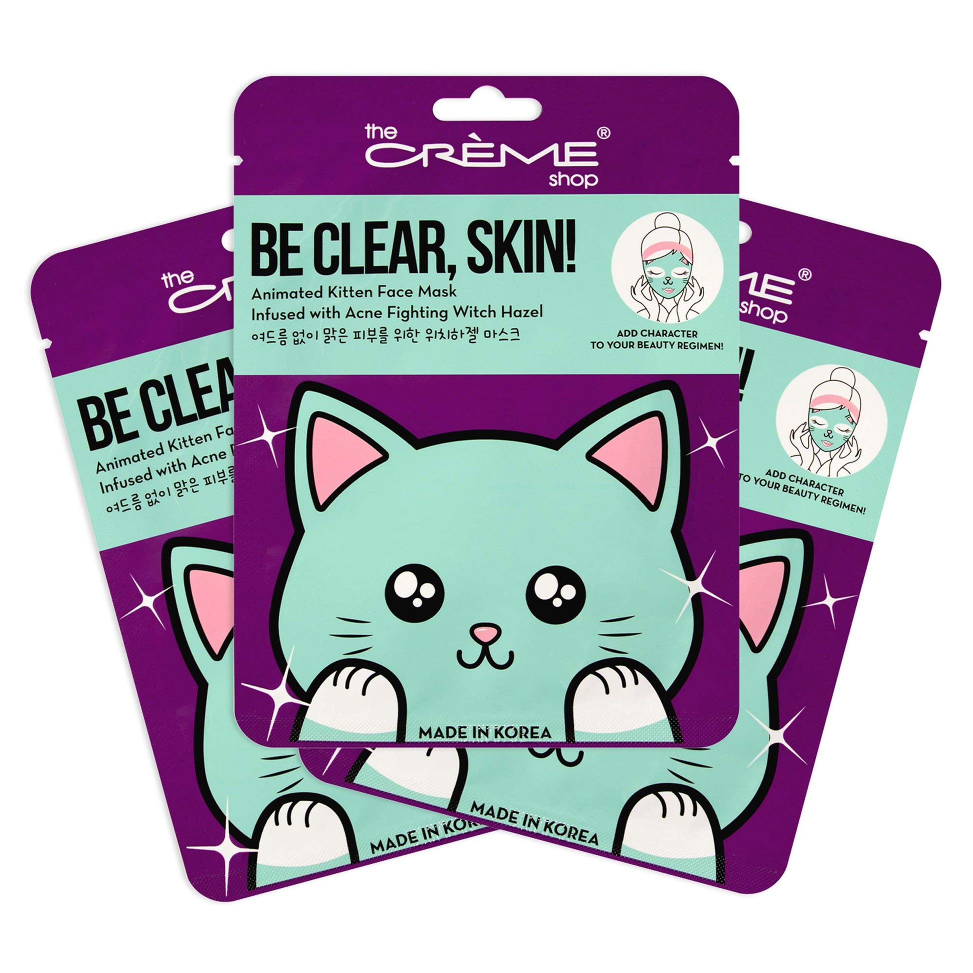 The Creme Shop Animal Sheet Mask, Korean, Hydrating, Collagen, Vitamin C, Anti-Aging - Pack of 3