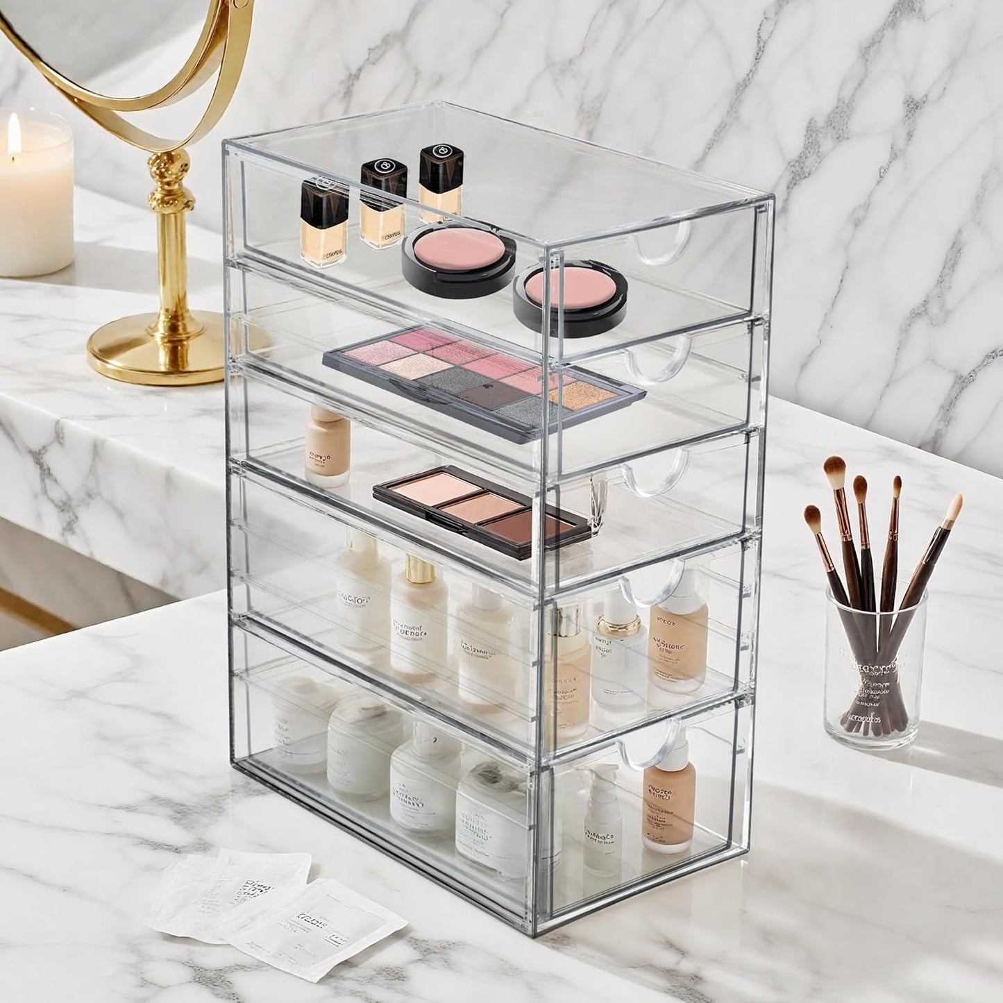 Prsildan Acrylic Drawer Makeup Organizer with 5 Drawers, Hair Accessories Organizer, Office Desk Organization, Clear Stackable Storage Drawers for Vanity, Countertop, Craft, Jewelry