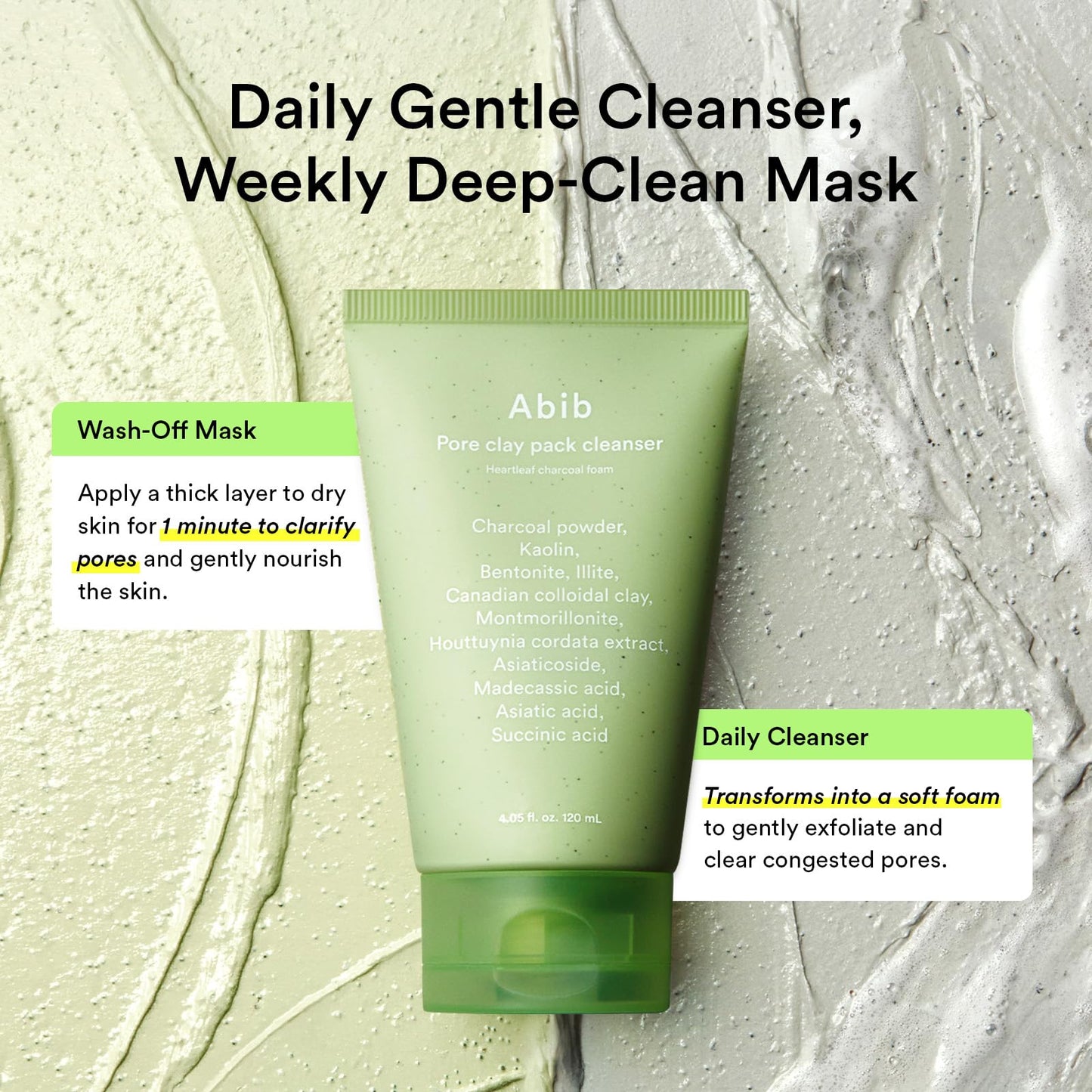Abib Pore Clay Pack Cleanser Heartleaf Charcoal Foam, 4.05 fl oz, Mousse Form, Oil Control