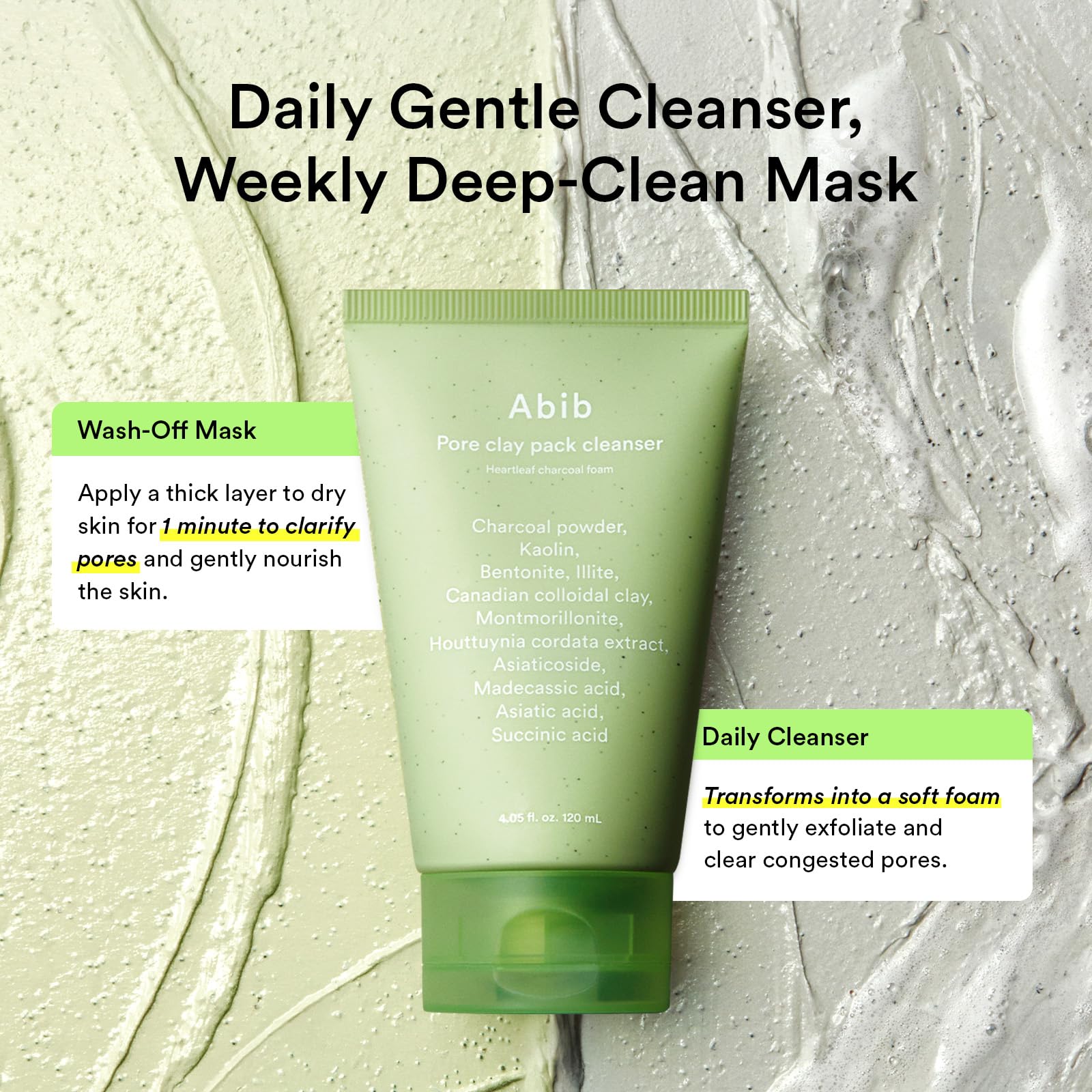 Abib Pore Clay Pack Cleanser Heartleaf Charcoal Foam, 4.05 fl oz, Mousse Form, Oil Control