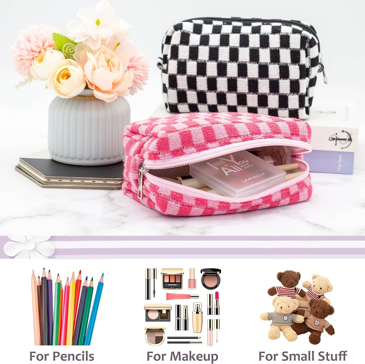 PAZIMIIK Checkered Makeup Bag for Purse Portable Zipper Make Up Pouch Small Cosmetic Case for Travel Accessories (6PCS Colorful)