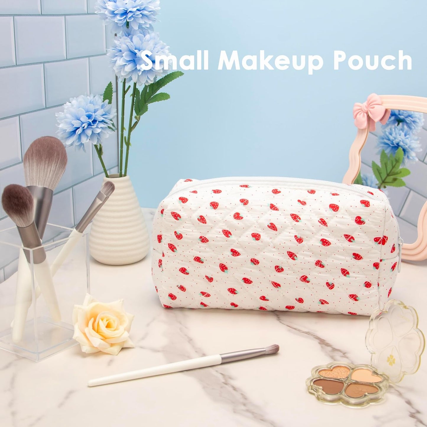 PAZIMIIK Vintage Quilted Makeup Bag Cosmetic Pouch for Brushes Pencils and Travel Make Up Accessories for Women and Girls Strawberry