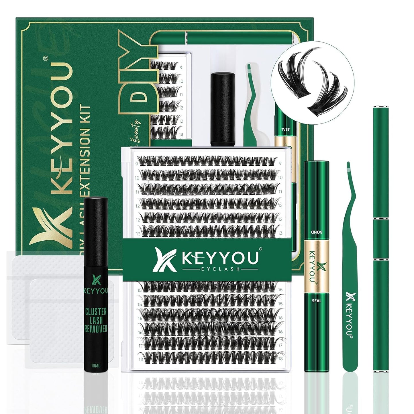 KEYYOU Lash Extension Kit DIY 300Pcs Lash Clusters Eyelash Extension Kit 50D C Curl 9-18MIX Lash Clusters Kit with Lash Glue Remover Applicator Easy to Use for Beginners(Kit,50D-C,9-18MIX)