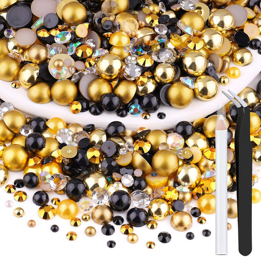 80g Flatback Pearls and Rhinestones for Crafting, Golden Black Mixed Size 3-10mm Resin Rhinestones