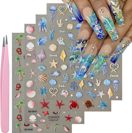 Summer Nail Art Stickers Decals Beach Style Nail Decals Self Adhesive 5D Shell Coconut Tree for