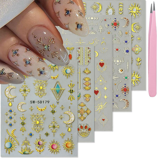 Egyptian Style Nail Art Stickers Decals Gold Sun Moon Nail Decals 5D Self Adhesive for Women Nails