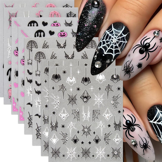 8Sheets Halloween Nail Stickers for Nail Art Black White Spider Web Nail Decals Black Pink Stars