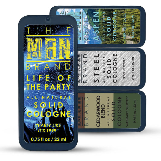 Solid Cologne Sample Set with Aspen Solid Perfume, Woodsman Solid Cologne, Steel, and Life of the Party Cologne - (Fellowship Solid Cologne Man Sampler Pack - 4 Pack - 0.75 oz each)