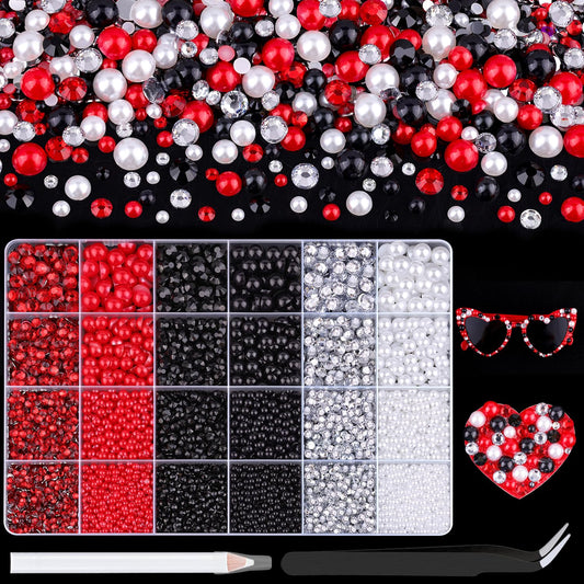 9000Pcs Flatback Pearls and Rhinestones for Crafting, Red White Black Mixed Size 3-8mm Resin