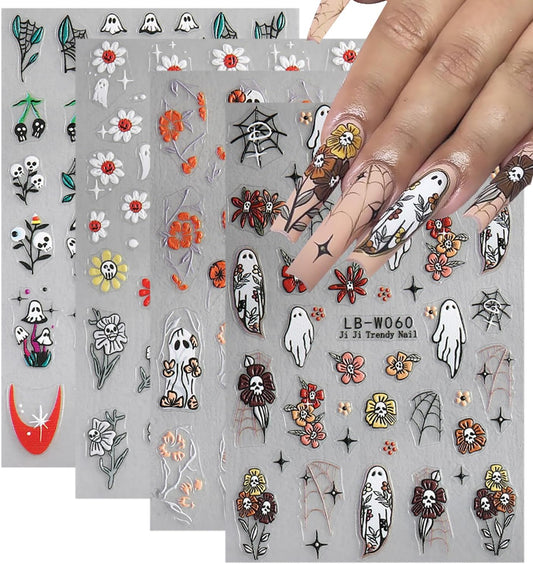 4 Sheets Cute Ghost Nail Art Stickers and Halloween French Flower Nail Decals Design 5D