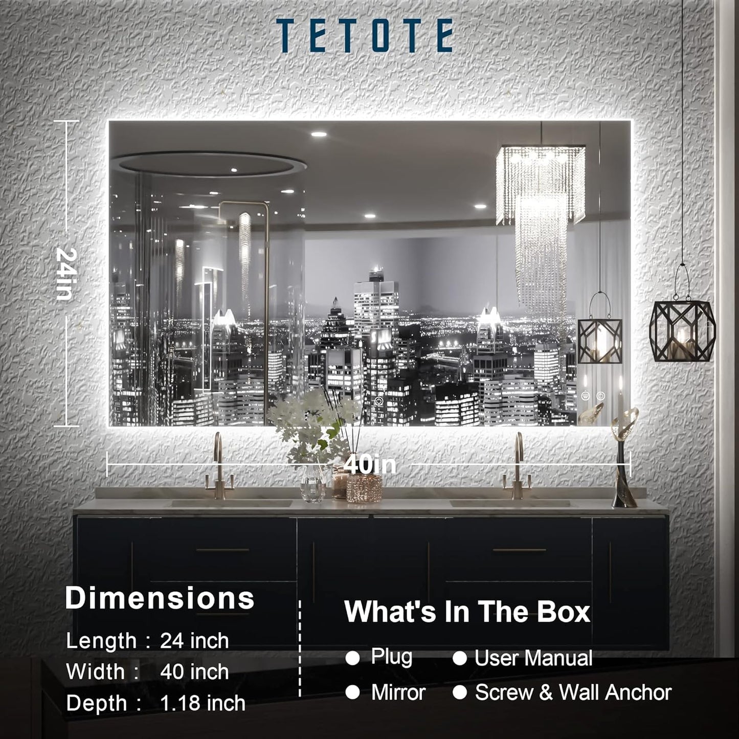 TETOTE 40 x 24 Inch LED Backlit Bathroom Vanity Mirror with Light,Anti-Fog,Dimmable,CRI90+,Touch Button,Water Proof,Horizontal/Vertical,Wall Mounted Lighted Mirror