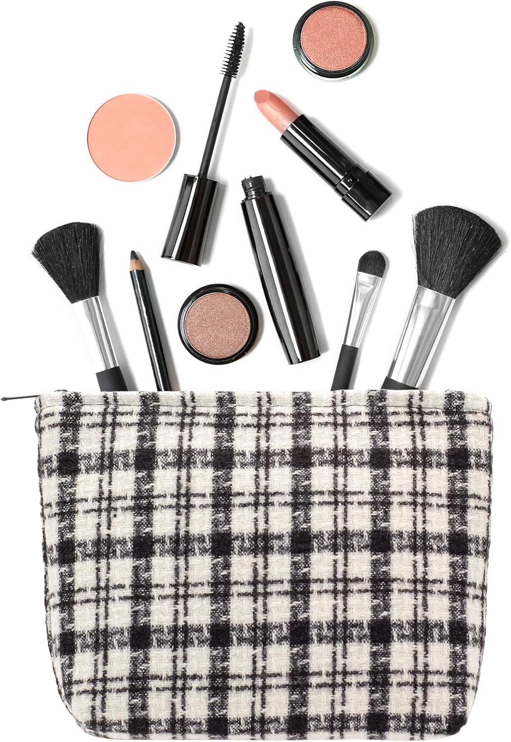 Makeup Bags for Purse Zipper Cosmetic Pouch Large Travel Canvas Make Up Organizer Tool Pouch for Women and Girls,Plaid Black