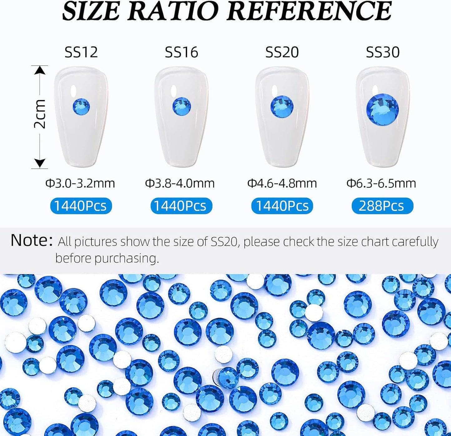 Capri Blue Flatback Rhinestones, Glass Rhinestones for Nail Art and Craft, Glue Fix, Loose Crystal Gemstones(Capri Blue, SS16, 1440pcs, 3.8-4.0mm)