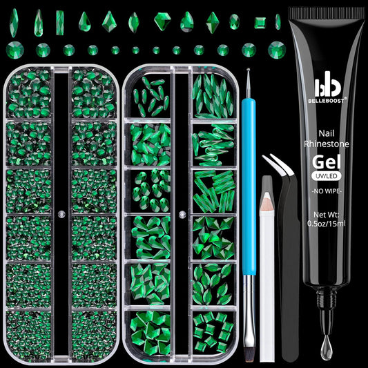 Rhinestones for Nails, Manicure Kit with Nail Rhinestone Glue Gel, Multi Shapes Dark Green Glass 3D