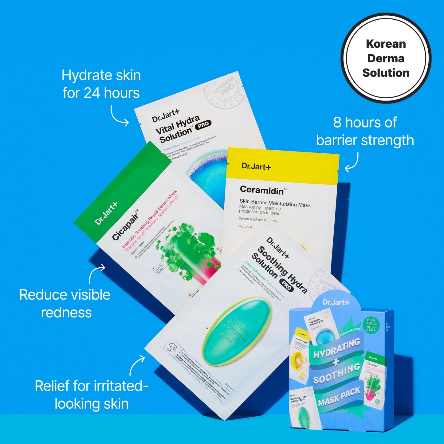 Dr.Jart+ Hydrating and Soothing Face Mask Value Set | 4 Korean Face Masks | Korean Skin Care Set |