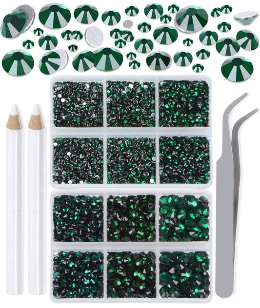LPBeads 6000 Pieces Emerald Non Hotfix Rhinestones 6 Sizes Round Crystal Glass Flat Back