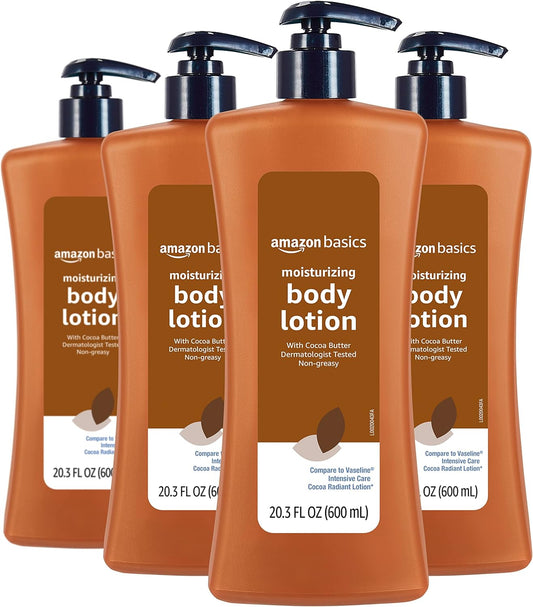 Amazon Basics Moisturizing Cocoa Butter Body Lotion for Dry Skin, Non-Greasy, Paraben Free, Lightly Scented, 20.3 Fl Oz, Pack of 4