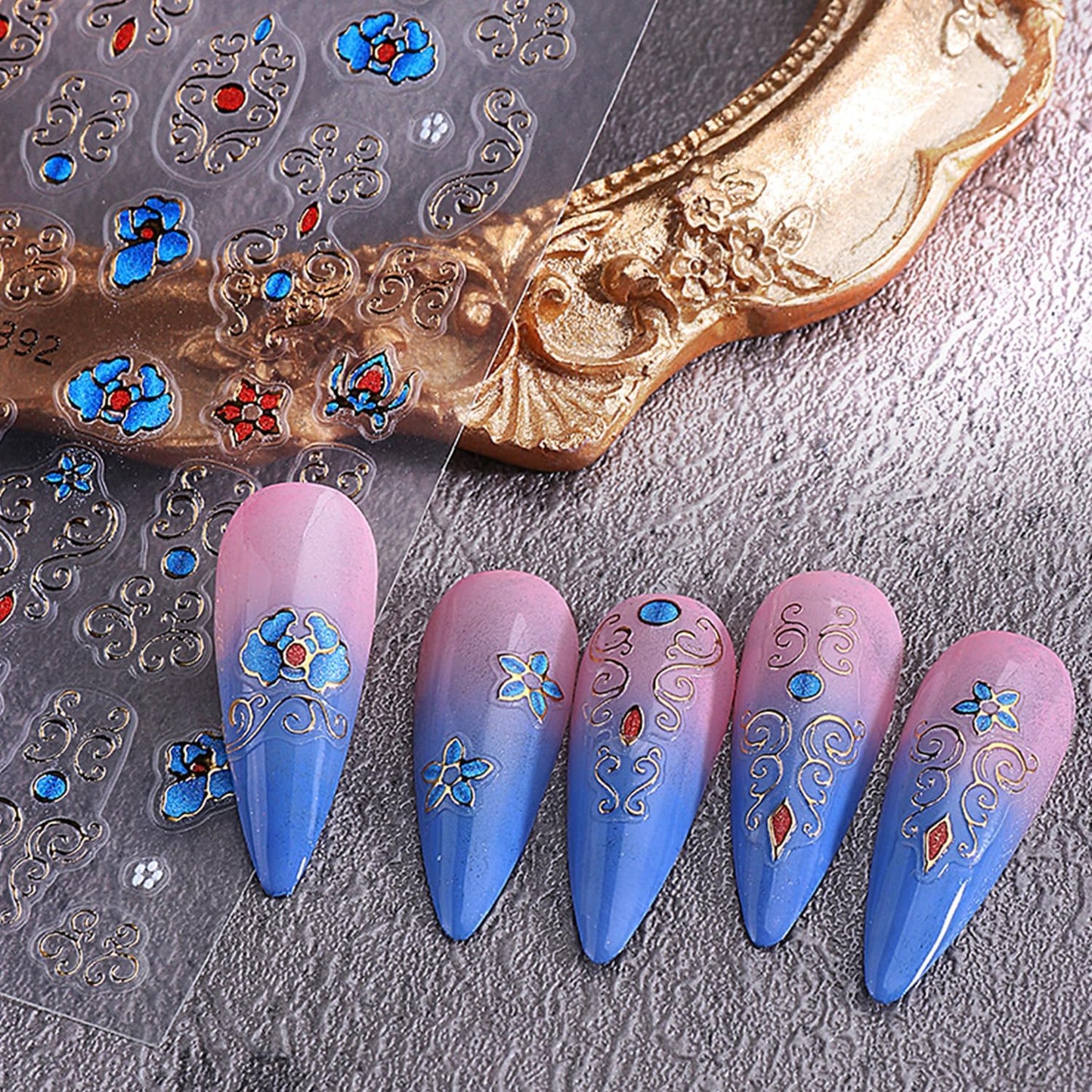 5 Sheets Bohemian Style Nails Art Stickers 3D Self-Adhesive Relief Nails Stickers Stars Moon Sun Golden Butterfly Flower Nail Decal Supplies Women's DIY Bohemian Nail Art Decoration
