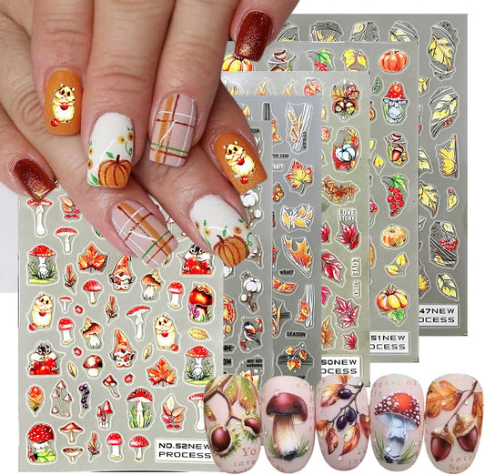 6 Sheets Fall Nail Art Stickers 3D Maple Leaf Nail Decals Autumn Gold Yellow Leaves Mushroom