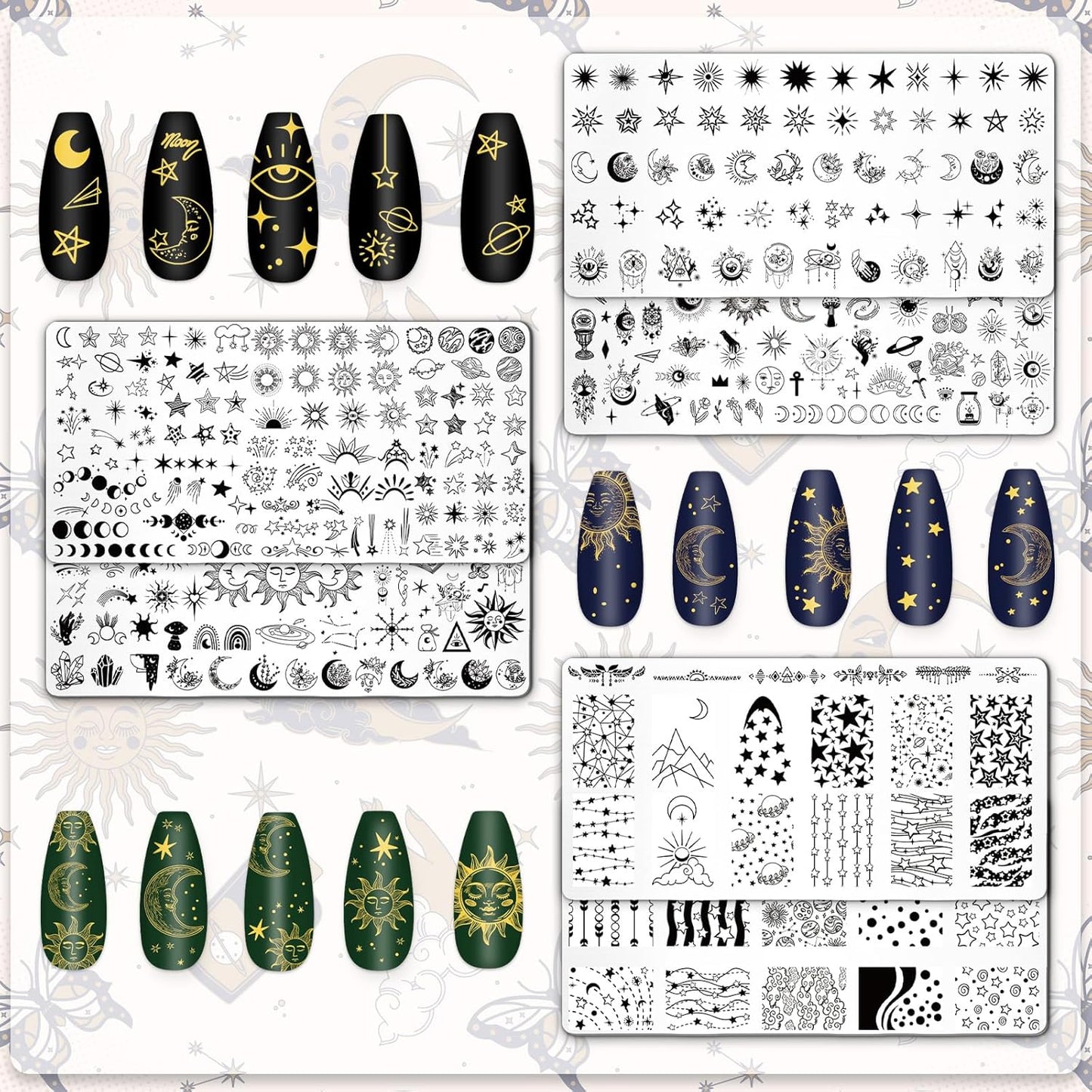 Whaline 6Pcs Sun Moon Star Nail Plates Stamping Set Groovy Stamp Templates Nail Art Plates for DIY Print Manicure Salon Design Gift Supplies