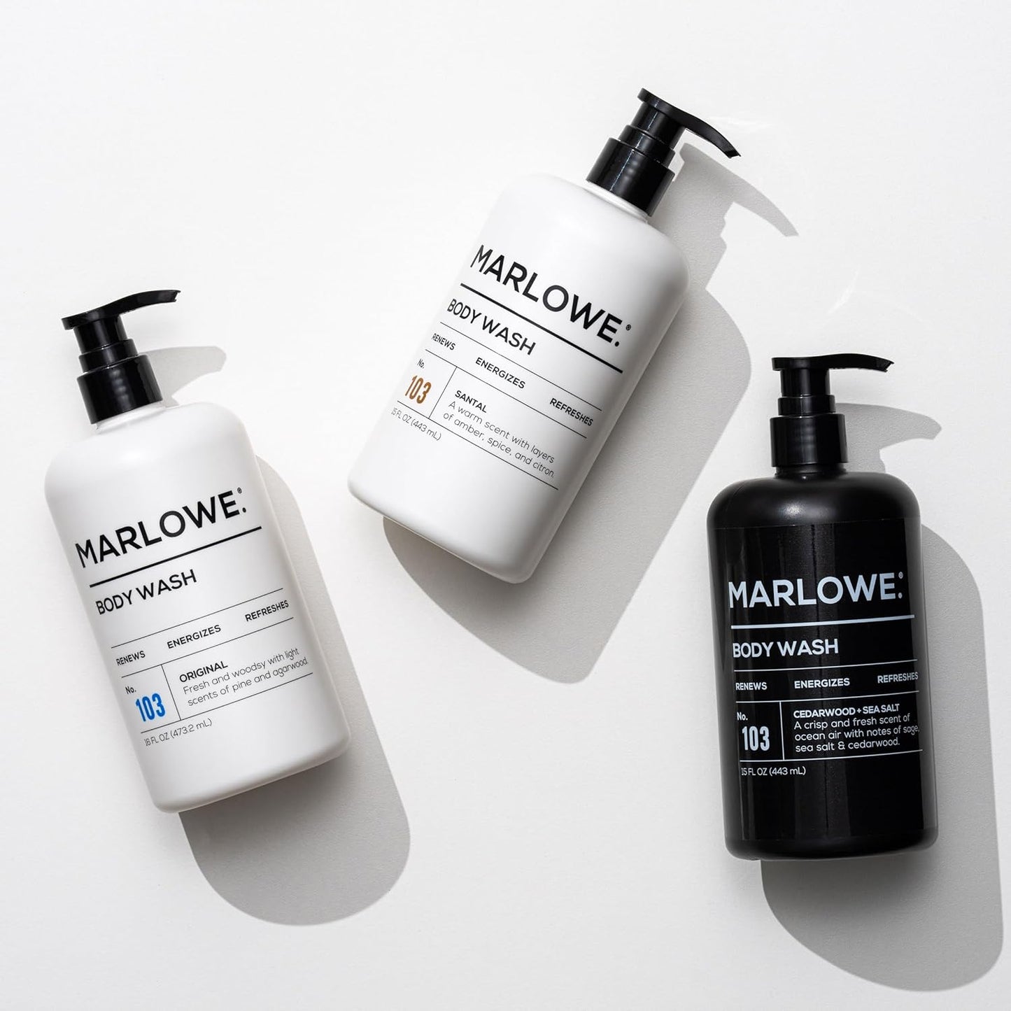 MARLOWE. No. 103 Body Wash 15 oz Pump, Cedarwood + Sea Salt, Energizing & Refreshing Shower Gel, Willow Bark & Green Tea Extracts, Cleanses, Moisturizes, Smooths & Nourishes, Fresh & Zesty Scent