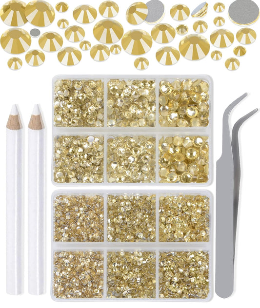 LPBeads 6000 Pieces Jonquil Non Hotfix Rhinestones 6 Sizes Round Crystal Glass Flat Back