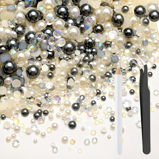 80g Mix Flatback Pearls and Rhinestones for Crafts Silver Gray White Mixed Size 2mm-10mm Half Round
