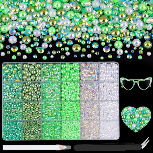 9000Pcs Flatback Pearls and Rhinestones for Crafting, Green White Mixed Size 3-8mm Resin