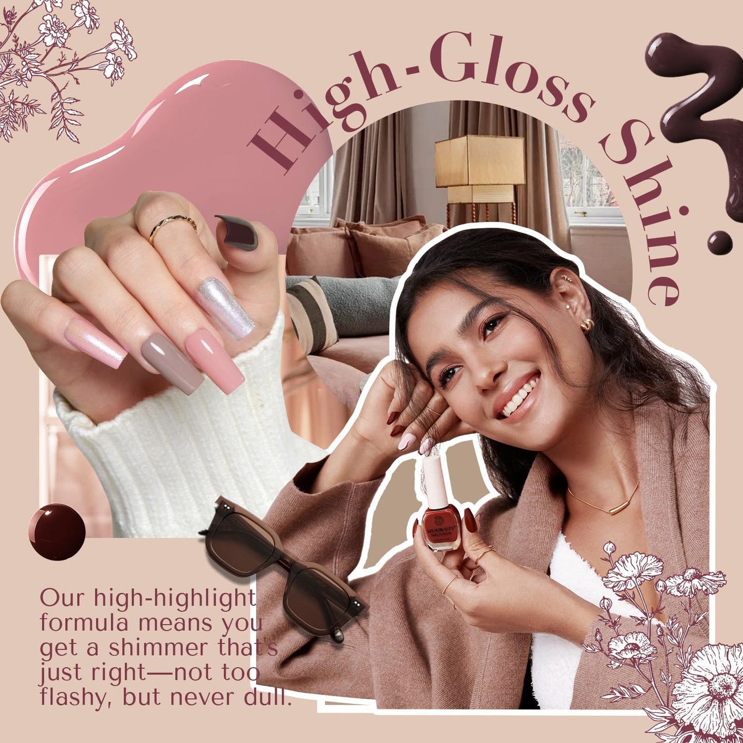 AZUREBEAUTY Nail Polish Set Vegan 4 Colors Fall Winter Brown Pink Glitter Nail Polish Quick Dry Natural Nail Lacquer Fingernail Strengthening Treatment Kit with Top Coat DIY