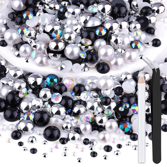 80g Flatback Pearls and Rhinestones for Crafting, Black White Mixed Size 3-10mm Resin Rhinestones