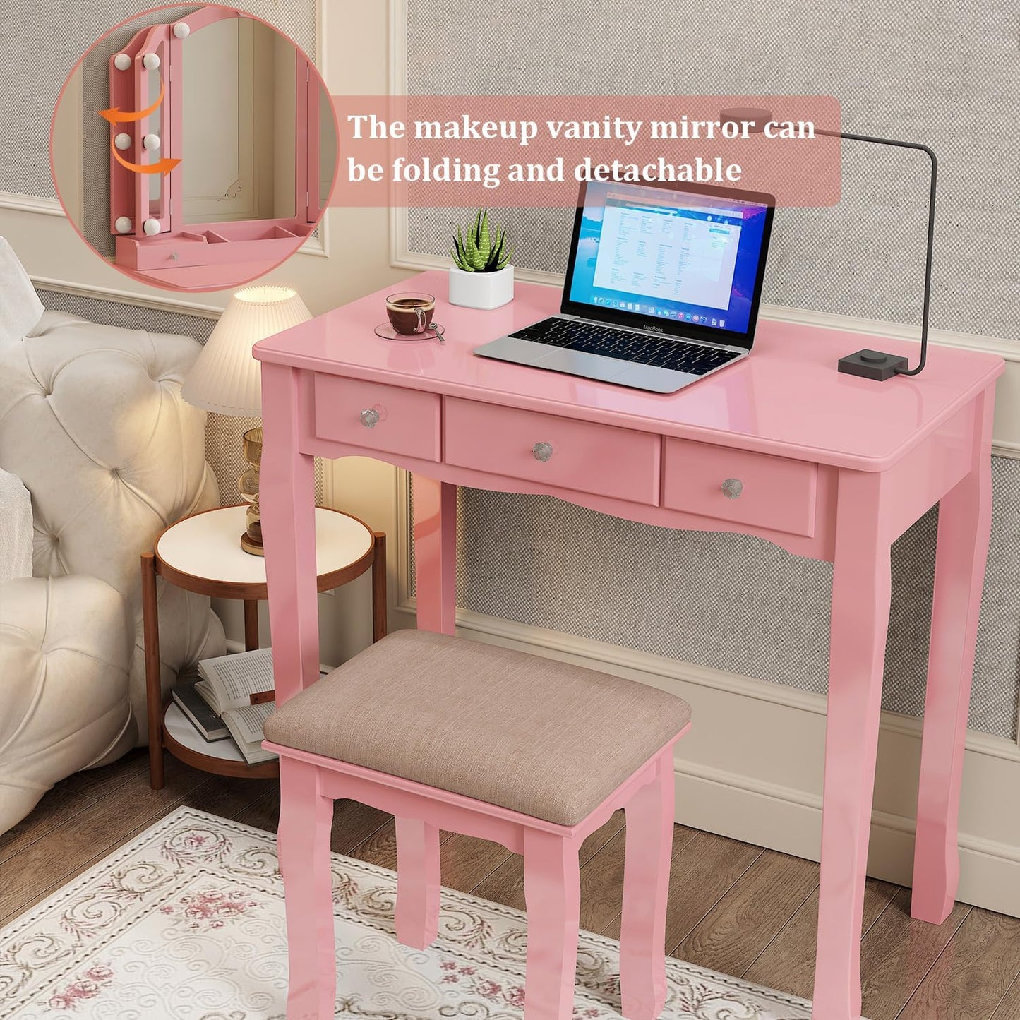 Vanity with Lights Girls Vanity Desk Set with Drawers Makeup Vanity Desk with Mirror and Lights Make Up Pink Makeup Vanity for Girls Table with Stool