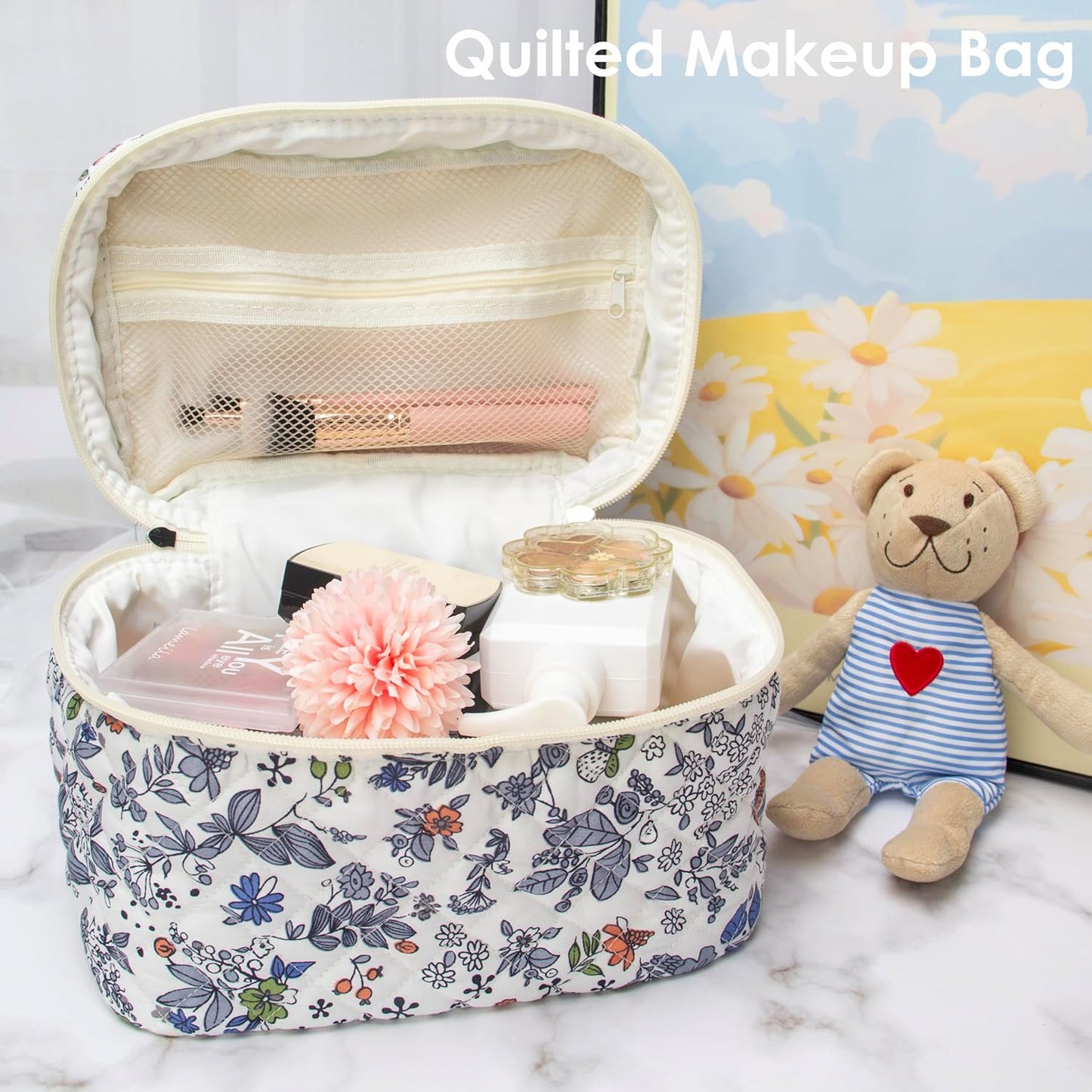 PAZIMIIK 3PCS Makeup Bag SET Large Travel Quilted Zipper Soft Cosmetic Case Pouch for Women Girls Make Up,Leaf White