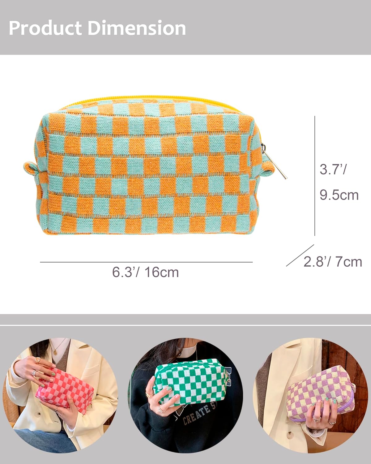PAZIMIIK Checkered Makeup Bag for Purse Portable Zipper Make Up Pouch Small Cosmetic Case for Travel Accessories Orange Green