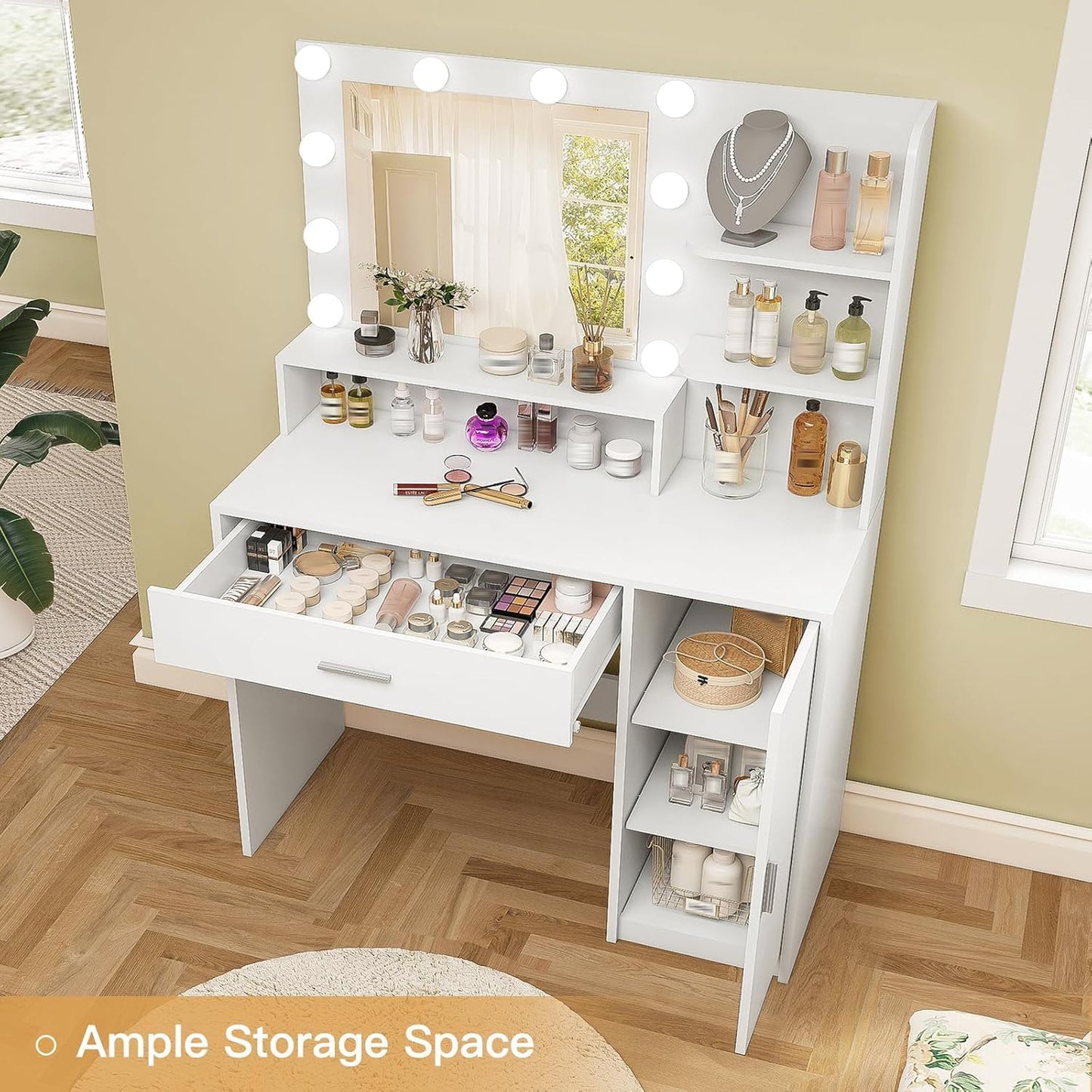 Quimoo Makeup Vanity Desk with Mirror & Lights, Vanity Desk with 5 Drawers & Storage Shelves, Vanity Table, 3 Color Modes & Adjustable Brightness Dressing Table, Bedroom, White