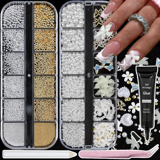 Nail Art Charms with Rhinestones Glue Gel White Flatback Pearls Flower Butterfly Nail Gems Supplies
