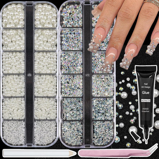 Nail Art Pearls Rhinestones with Glue Gel Flatback Cream Pearls AB Rhinestones Nail Charms Mixed
