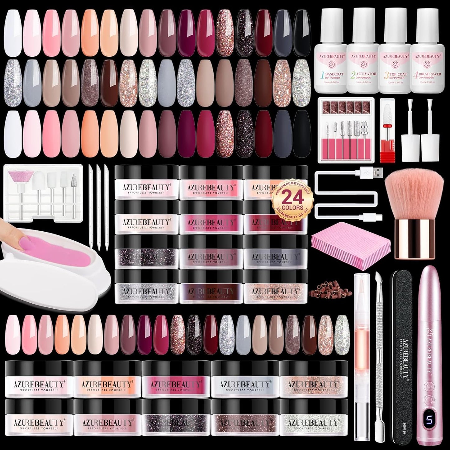 AZUREBEAUTY Dip Powder Nail Kit with Electric Nail Drill, 24 Colors Nude Pink Glitter Nail Powder Starter Kit with Dip Liquids Base Top Coat Activator Portable Manicure French Nail Art Essential Set