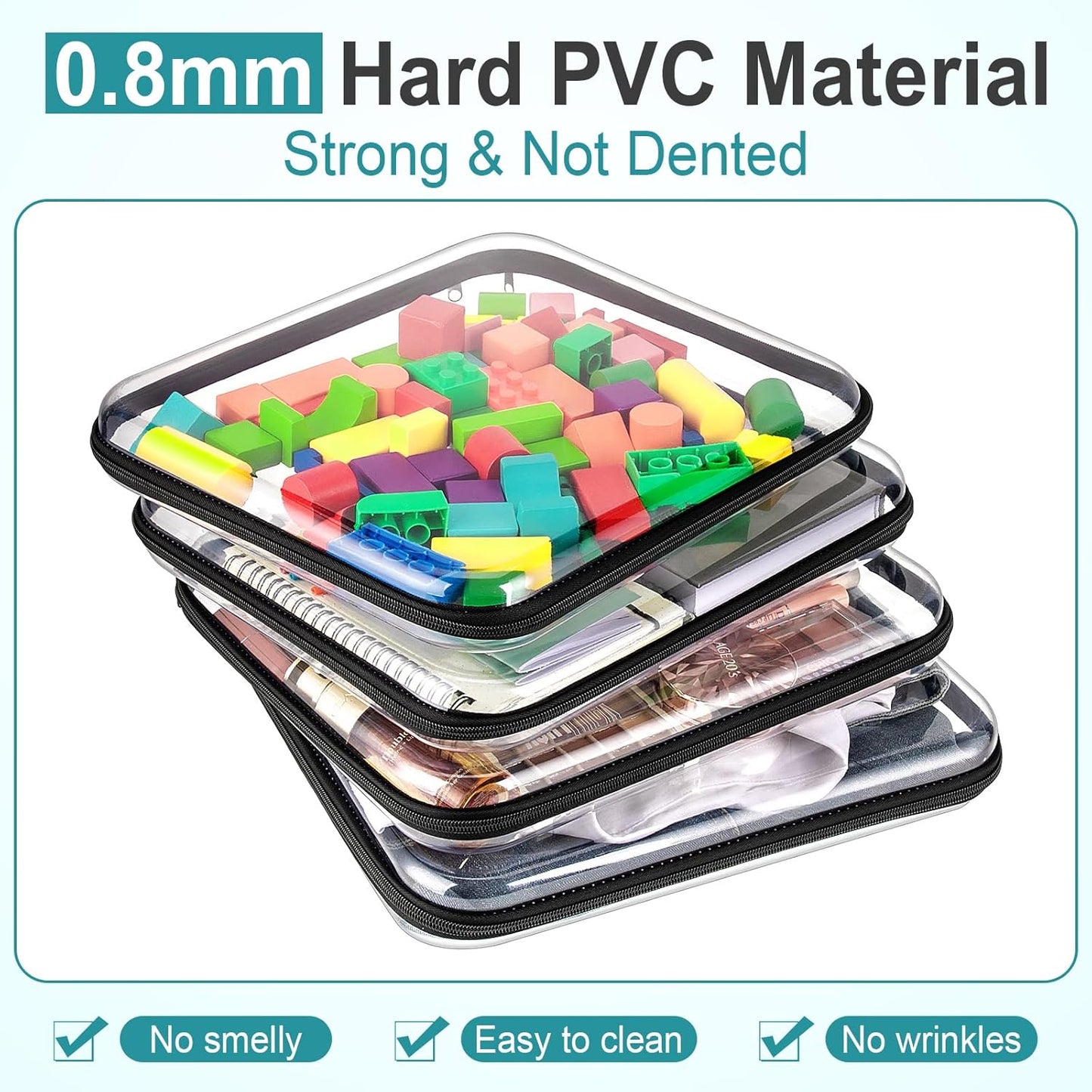 Sanwuta 6 Pcs Clear Hard Zipper Case Pencil Pouches Hard Plastic Zipper Pouches Makeup Bag Transparent Cases for Snacks Plastic Storage Organizer Box for Travel(Black,13.78 x 11.81 x 2 Inch)