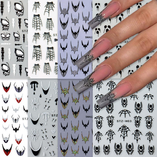 8 Sheets Halloween Nail Art Stickers Decals Colorful Bat French Tip Nails Stickers Black Spider Web