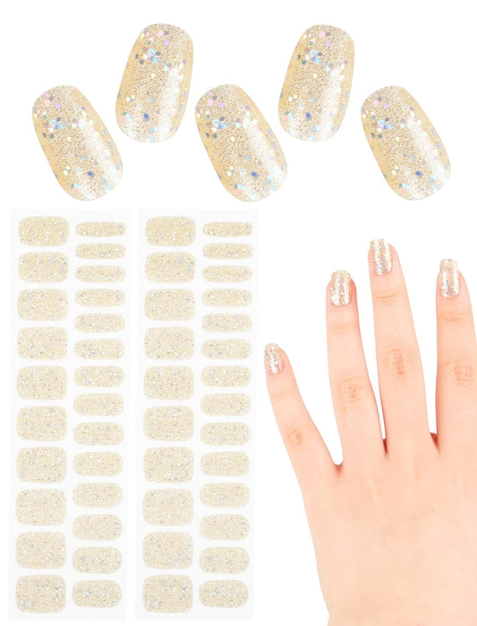 UV-Free Self-Adhesive Nail Art Design Stickers with Nail Files, 48 Pcs Stick on Semi Cured Gel Nail